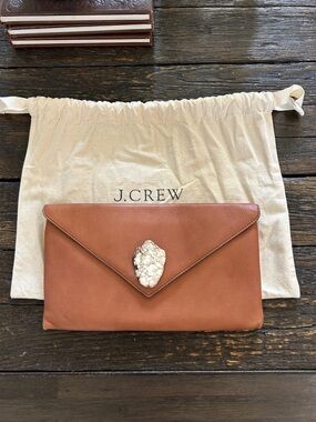 J.Crew Tan Leather Envelope Clutch with White Stone Accent